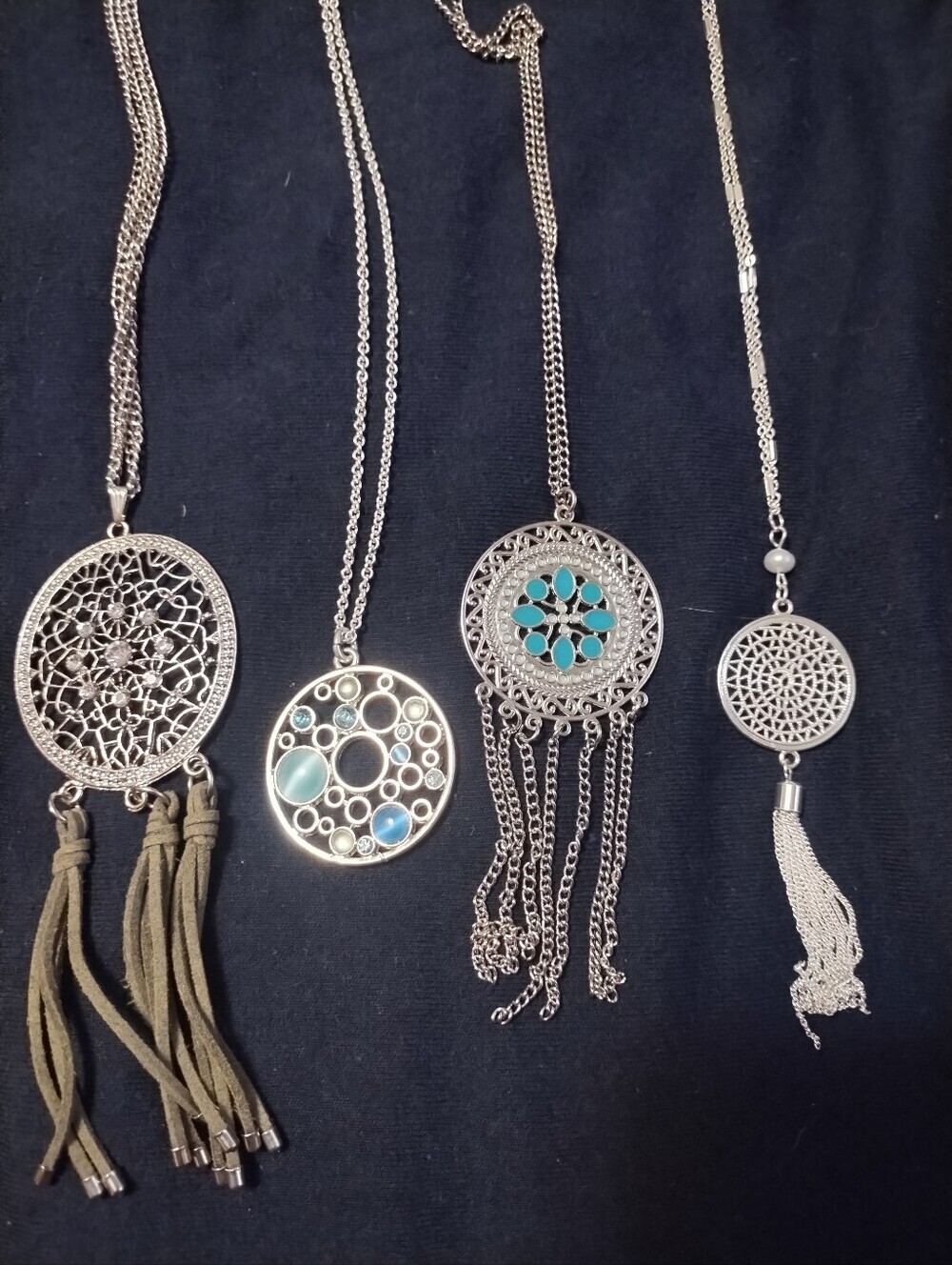Set Of 4 Silver Tone Round Pendant Necklaces